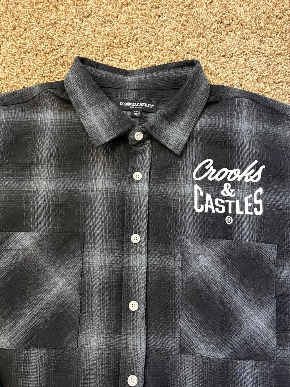 Y2K Crooks & Castles Grey Plaid Long Sleeve Button Up Mens Size XL